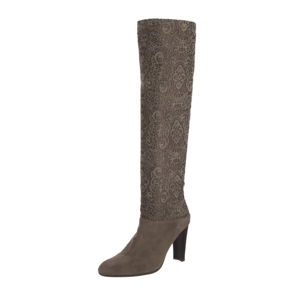 Elegant Stuart Weitzman , suede taupe, size 8.5,  laser cut accent boots.